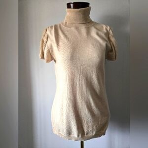 TIFFI Cream Turtleneck Top With Faux Fur Striped Sleeves. Size Medium